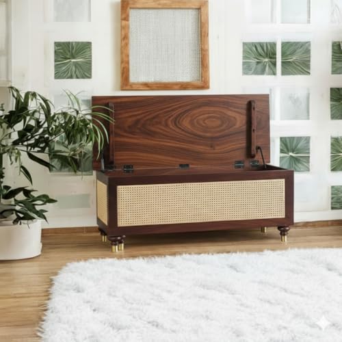 Image of MISAN Storage Boston Rattan Storage Trunk Box - Stylish & Practical Brown Wooden Chest for Home Organization | Versatile Storage Solution with Elegant Woven Design (B-Walnut)