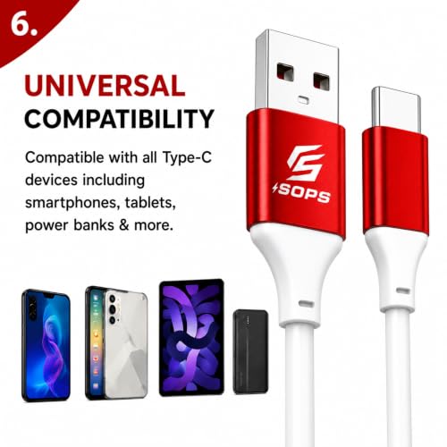 Image of 33W Fast Charging USB A to Type C TPE Cable, 6A Super Fast Charge, 480Mbps Data Sync, 1 Meter, Crimson Red