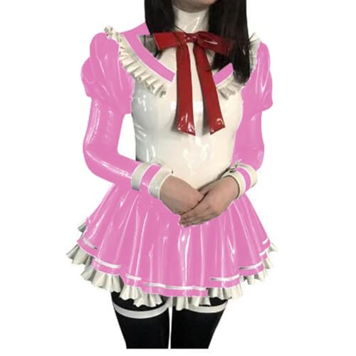 XINLIANYI Vestidos de club de sirvienta francesa, mangas largas abombadas, volantes, PVC, uniforme, ropa de club, personalizable, rosa, XL