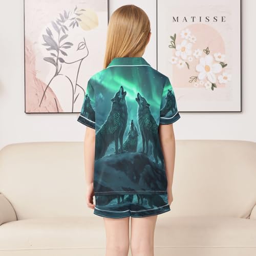 ALAZA Wolf Animal Night Green Satin Pajamas Set Short Sleeve Button Down Sleepwear Summer Pjs 2 Piece4