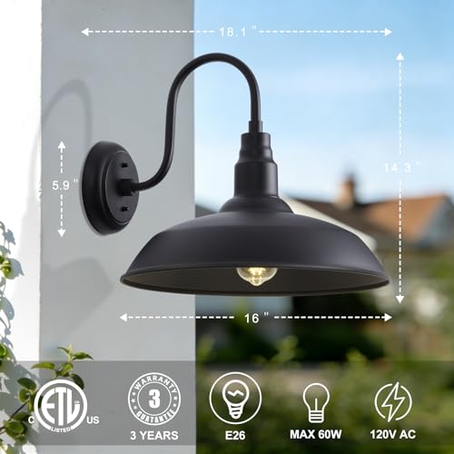 Image of 16 Inch Gooseneck Light Fixture for Barn Door, 2 Pack Large Barn Lights for Front Porch, Black Outdoor Farmhouse Light with Goose Neck Arm, Exterior Wall Dome Lighting for House Garage