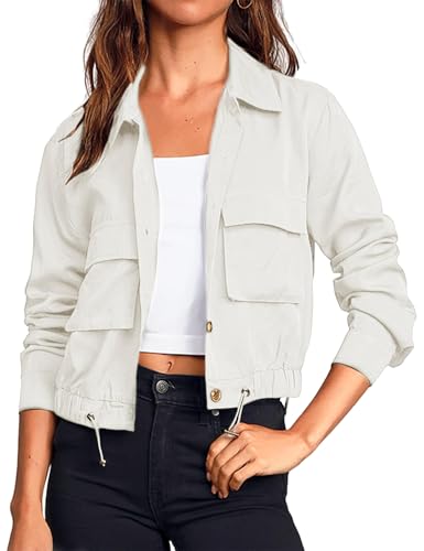 Women's Lightweight Black Cropped Utility Jacket Military Safari Button Down Anorak Coat with Pockets