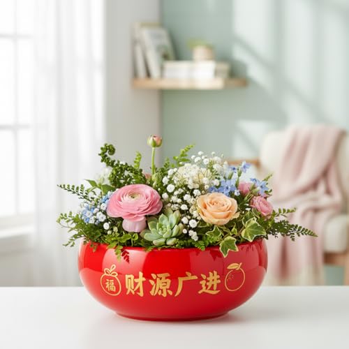 Image of Xtore Striking Glossy Red Ceramic Planter Bowl for Indoor Decor & Bonsai Styling | Wide Shallow Round Pot for Tabletop, Shelf & Zen Corners (Pack of 1 - Planter only)