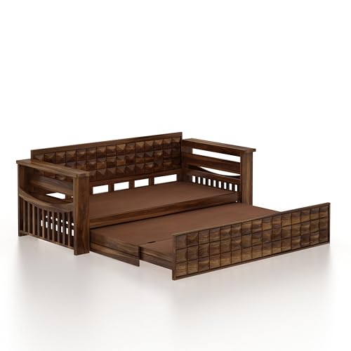 Image of Ganpati Arts Solid Sheesham Wood Diamond 3 Seater Sofa Cum Bed with Storage and Side Pockets for Living Room Wooden Furniture Sofa Bed for Home - Teak Finish 1 Year Warranty