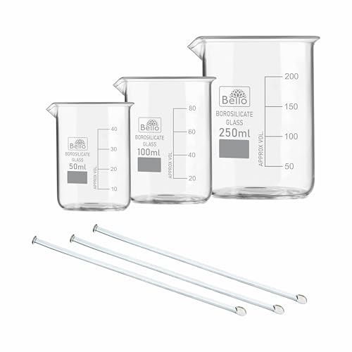 Image of Bello Borosilicate 3.3 Glass Beaker 50ml, 100ml, 250ml With Stirring Rod 200mmX6mm 3pcs Pack of 6 For School College Lab Laboratory Etc