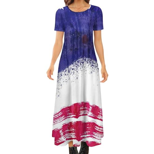 AILLOSA Vestido largo de manga corta con cuello redondo para mujer, informal, vestido largo para mujer, vestido de verano, manga corta, vestido largo, Bandera-96, S