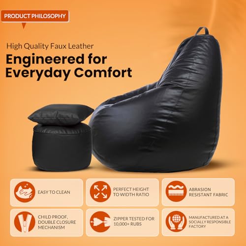 Image of Sattva 6XL Sofa Bean Bags with Beans Filled, Faux Leather Combo Bean Bag with Footstool & Cushion for Adults & Teens, Large Bean Bag Sofa Chair for Home Bedroom, Living Room (Black)
