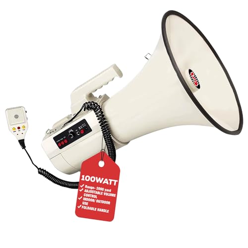 5Core Megaphone Bullhorn Speaker 100W Professional Bull Horn Battery Power Cheer Megafono 2000 Ft Range Loudspeaker W Siren Recording Ergonomic Handle for Coaches Football Baseball - 3501 USB