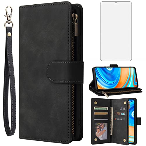 Image of Asuwish Compatible with Xiaomi Redmi Note 9 Pro/Note 9s/Note9 Pro Max/Poco M2 Pro Wallet Case Tempered Glass Screen Protector Flip Cover Card Holder Cell Phone Cases for Redme Note9S Note9Pro 4G Black