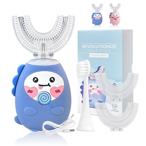 3PCS Kids Electric U Shaped Toothbrush 360 Automatic Ultrasonic Toothbrush for Toddler & Children - Rechargeable Sonic Toothbrushes & Accessories with 2 Replacement Heads (Blue 2-12 Years Old)