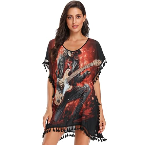 Red Skull Guitar Art Women's Beach Cover Up Chiffon Tassel Swimwear Swimsuit Coverups for Girl