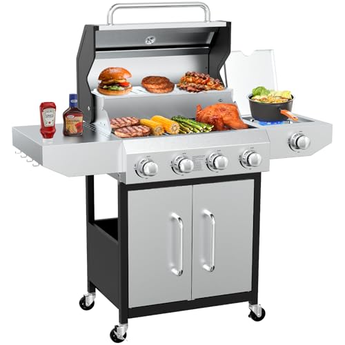Image of BESTFIRE 60,000 BTU 4+1 Burner Propane Gas Grill - 647 sq. inches Stainless Steel Outdoor BBQ with Porcelain-Enameled Cast Iron Grates, Side Burner & Storage Cabinet for Patio and Backyard Cooking