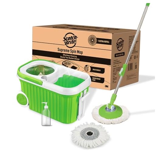 Scotch-Brite Supreme Spin Bucket Mop with Steel Spinner, Wheels, Drag Handle, Drain Plug & Dispenser (2N Microfiber Refills) (IS840126848)