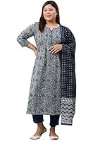 XL LOVE - By Janasya Women's Plus Size Grey Cotton Kurta With Pant and Dupatta(PSET524-KR-NP-3XL)