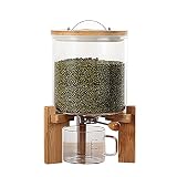 Titunjian Rice Dispenser Flour Cereal Container with Wood Stand Glass Grain Dispenser with Airtight