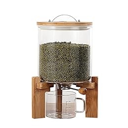 Rice Dispenser 5L, Food Storage Containers Glass Cereal Storage Dispenser with Airtight Bamboo Lids and Measuring Cup Kitchen Storage Container for All Beans, Barley, Millet
