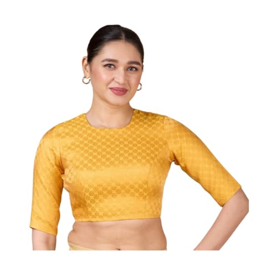 Image of Studio Shringaar Women Brocade Silky Jewel Neck Readymade Elbow Length Sleeve Saree Blouse
