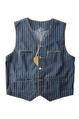 Men Retro Denim Vest Washed Cotton Vertical Striped Distressed Back Camisole Vintage4