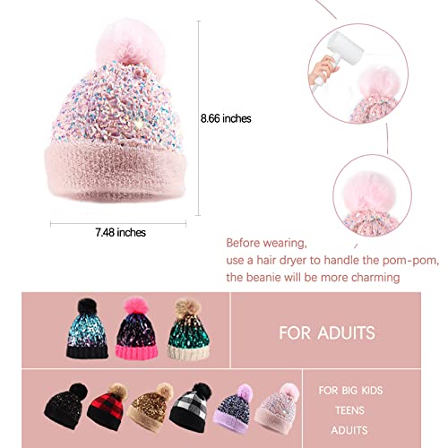 Homiton Women Sequin Knitted Beanie Hat With Faux Fur Pom-Pom Shiny Bling Skull Cap (A-Black) #TOP5