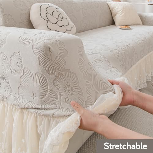 Image of HOKIPO 'Floravelle' 200gsm Knitting Jacquard Elastic 3 Seater Sofa Cover with Frill, Pastel Grey (AR-6031-LGRY)
