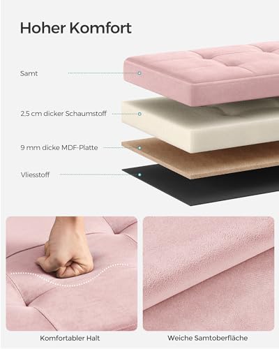 SONGMICS Sitzhocker mit Stauraum, klappbare Sitzbank, 38 x 110 x 38 cm Fußbank, Aufbewahrungsbox, bis 300 kg belastbar, für Wohnzimmer Schlafzimmer Flur, pastellrosa LSF277R01