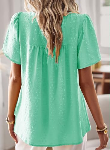 Image of Falechay Womens Summer Tops Crewneck Short Sleeve Shirts Casual Chiffon Blouses Flowy Lace Hem Boho Clothing Trendy 2026
