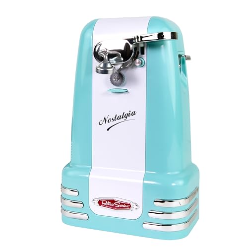 Nostalgia Retro Electric Can Opener for Kitchen with Magnetic Lid Remover, Knife Sharpener, and Soda or Beer Bottle Opener, Aqua
