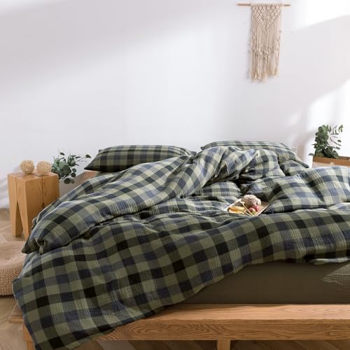 Image of VM VOUGEMARKET Green Navy Plaid Duvet Cover King Muslin Cotton Bedding Set Soft Breathable Linen Like 3-Layer Gauze Comforter Cover with Zipper Closure for Adults-3 Pieces,104 inchx90 inch