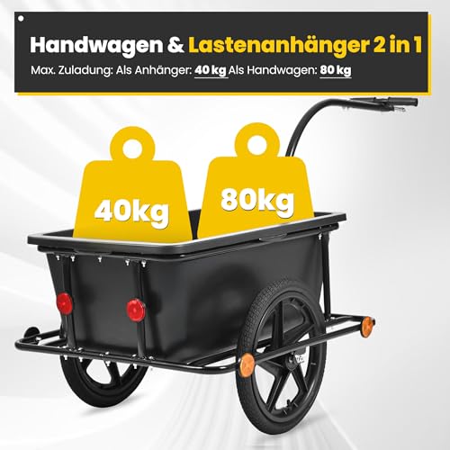 SAMAX Lastenanhänger Fahrradanhänger 90 Liter 80 Kg mit Kupplung Schutzplane und Verbindungsschelle - Transportanhänger Fahrrad Anhänger Handwagen mit Kunststoffwanne in Schwarz - Mountain