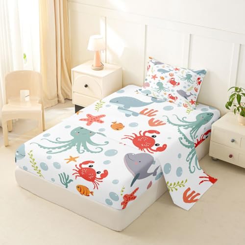 Image of jejeloiu Dolphin Bed Sheets Sets Twin Size Kids Boys Girls Jellyfish Crab Starfish Bedding Set Ocean Bed Sheet Set with 16-Inch Deep Pockets 3Pcs with 1 Pillow Cases