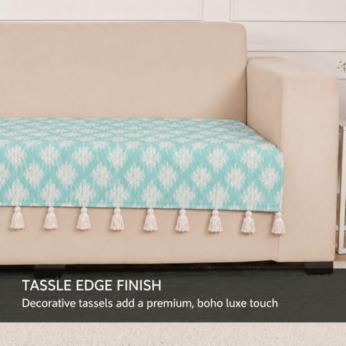 Image of STITCHNEST 'Verdant Ikat Stories' 3 Seater Sofa Cover| Elegant Jacquard Fabric, Decorative Tassels, Washable & Durable for Modern Living