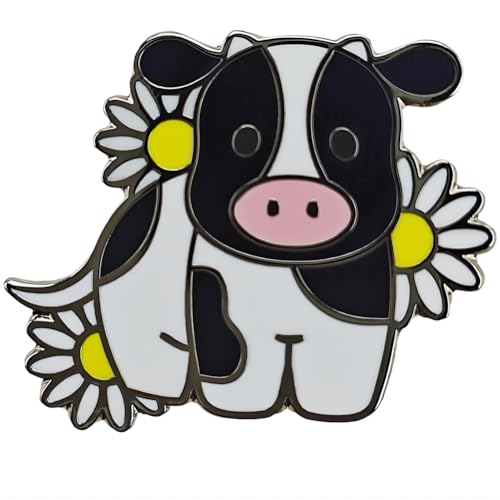 Image of Cute Cow Daisy Floral Enamel Pin, Black And White Cow With Yellow Daisies Lapel Pin for Backpacks Hat Jackets Badge
