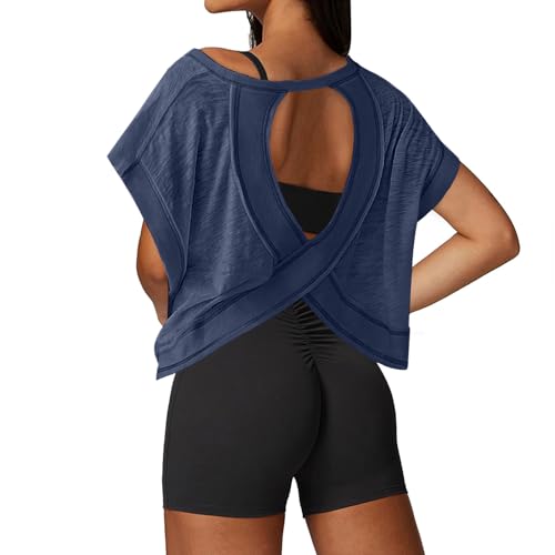 Image of UNIANKIYA Open Back Workout Tops for Women Loose Fit Athletic Crop Tee Short Sleeve Gym Running Yoga Shirt