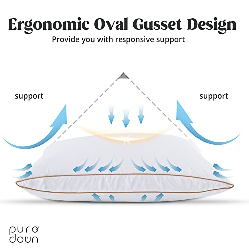 puredown® Natural Goose Down Feather Pillows for Sleeping Oval Gusseted Feather Down Pillow 100% Cotton Pillow Cover with Leaf Quilting King Set of 2