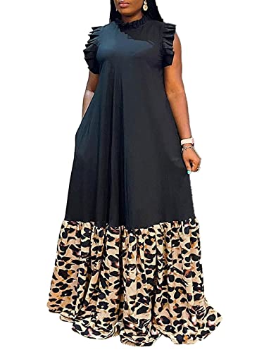 Famnbro Plus Size Maxi Dress for Women Summer Ruffles Sleeveless Patchwork Printed African Dresses