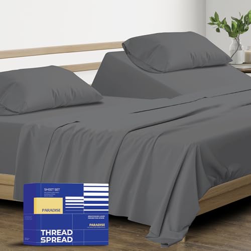 Image of THREAD SPREAD Split King Sheet Set, Luxury 1000 Series Paradise Collection 100% Egyptian Cotton Split King Sheets Sets for Adjustable Bed (5 PC, Dark Grey), Soft, 16 inch Deep Pocket Hotel Sheets