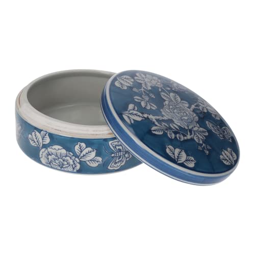 Keyhomestore - Caja de porcelana, fondo azul con elegante decoración floral blanca. Potiche con tapa de porcelana de estilo clásico. Adorno para decoración de mesa/estante.