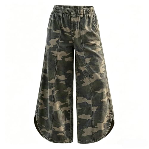 Women's Olive Camo Wide Leg Jeans, Elastic Waist Tulip Hem - image 6