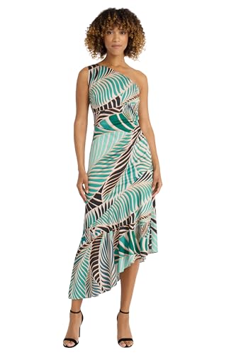 Maggy London Women's Asymmetrical One-Shoulder Midi Tropical Leaf Print-Ruched Side-Ruffled High-Low Hem Cocktail Dress, Beige/Aqua Green