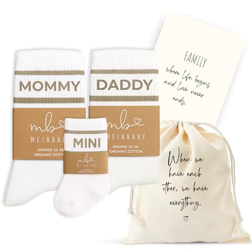 MeinBaby123® Geschenk zur Geburt, Baby Socken, Mama Socken, Papa Socken, Geschenk Babyparty (Beige: Mommy, Daddy, Mini (3er Set), Mommy 35-38, Daddy 39-42, Mini 3-24 Monate)