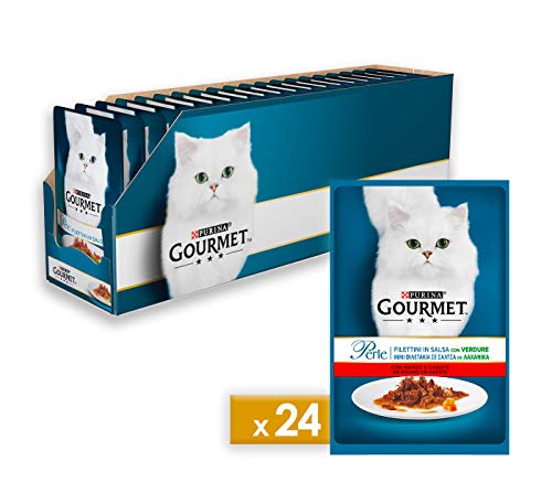 Purina Gourmet Perle Umido Gatto Filettini in Salsa con Verdure, con Manzo e Carote, 24 Buste da 85 g Ciascuna, Confezione da 24 x 85 g