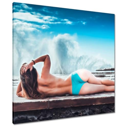 Tableau sur toile 70x70 cm pour mur vide Fille en culotte bleue