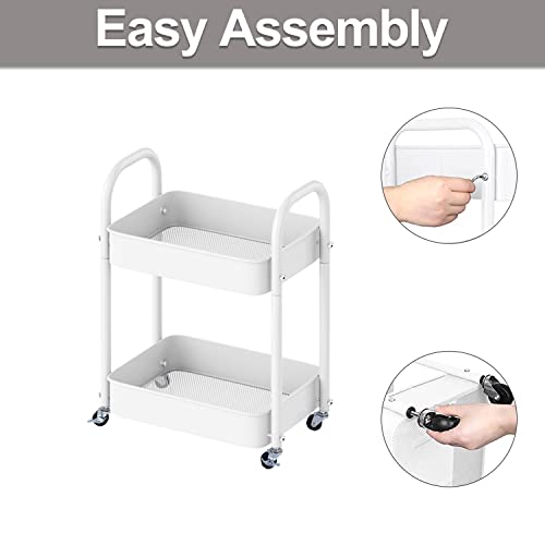 2 Tier All-Metal Rolling Cart, Rolling Storage Cart with Handle and Locking Wheels Kitchen Cart Laundry Office Bathroom Storage Organizer Cart, White by Melody House - Image 7