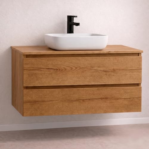 NEBADOON Mueble Baño con Lavabo sobre Encimera Mueble Suspendido De 2 Cajones con Cierre Suave Silent System Montado En Acabado Roble Gold 60 Cm Ancho 45 Cm Fondo 52 Cm Alto