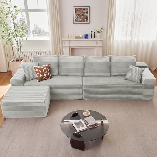 Image of 140 inch L Shaped Cloud Sectional Couch for Living Room, Modular Floor Deep-Seat Sofa, Big Comfy Corduroy Couches Set with Fluffy Memory Foam for Living Room Bedroom, No Assembly Required, Grey