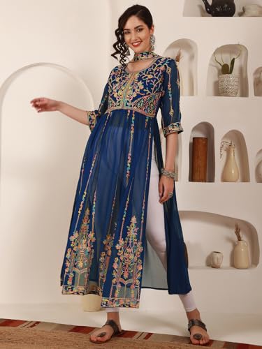 Image of EthnicJunction Women's Georgette Embroidered and Sequence Work Naira Cut Kurta and Dupatta Set