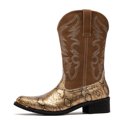 Image of Men's cowboy boots round toe boots embroidered with traditional Western country artificial snakeskin pattern