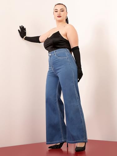 Image of Miss Chase A+ Women's Wide-Leg High-Rise Regular-Length Stretchable Cargo Denim Jeans