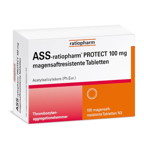 ASS-ratiopharm PROTECT 100 mg magensaftresistente Tabletten: magenschonender Blutverdünner gegen das Verklumpen von Blutplättchen - zur Prophylaxe eines neuen Infarktes, 100 Stück
