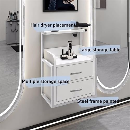 Elegante armario de salón de belleza montado en la pared, estación flotante para cortar el pelo con 2 cajones y soporte para secador de pelo, ideal para peluqueros y salones de belleza